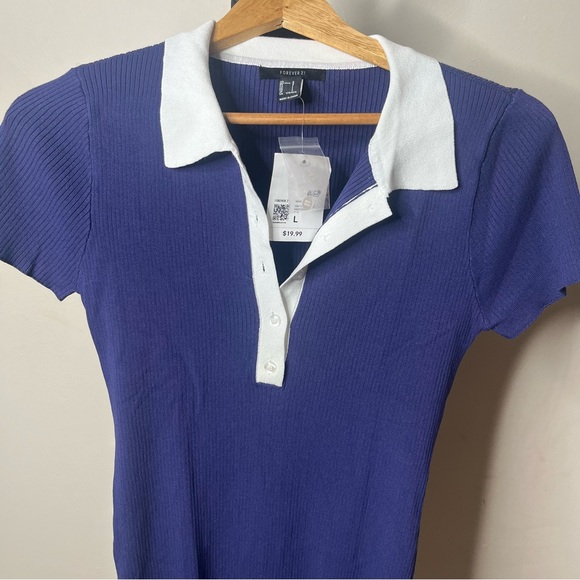 Forever 21 Women’s Navy Blue Ribbed Knit Mini Polo Mini Dress Sz L NWT - Picture 7 of 8